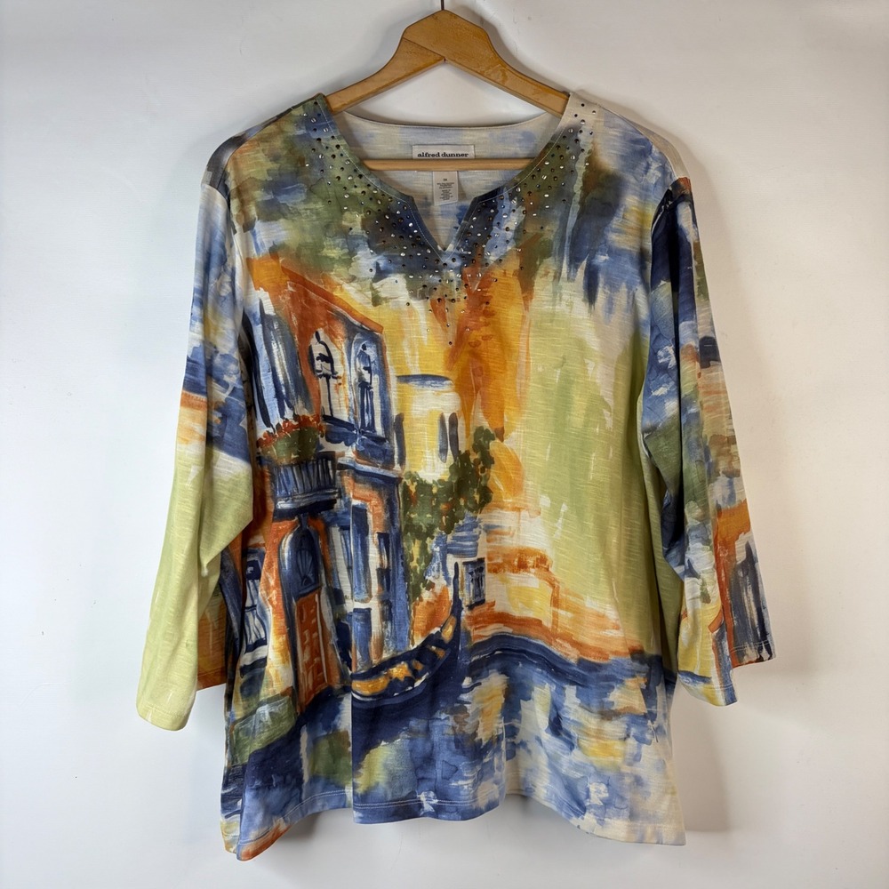 Alfred Dunner Top Womens 3X Multicolor Scenic Watercolor Rhinestone 3/4 Sleeve